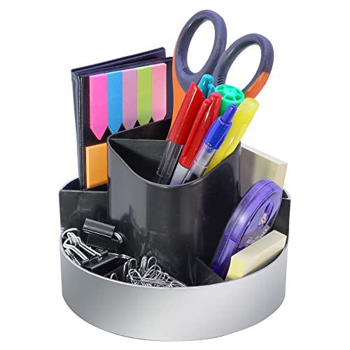 Kantek Rotating Desk Organizer, 8 Compartments, Plastic, 6 x 5.75 x 4.5, Black/Silver