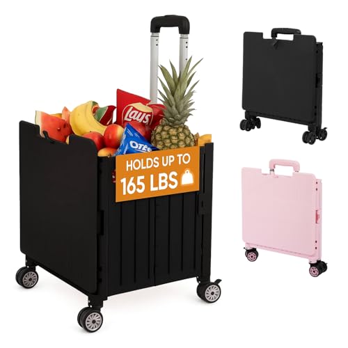 VUSIGN Folding Utility Cart, Foldable Rolling Crate Handcart with Lid, Portable Collapsible Shopping Trolley Tool Box, 4 Rotate Wheels for Grocery, Office, Travel, Teacher, Luggage, Black