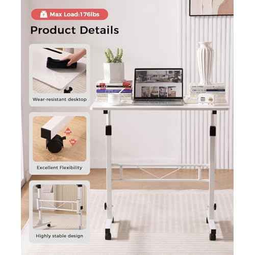 KLSMYHOKI Portable Standing Desk Adjustable Height, Small Computer, Laptop, Mobile Stand Up Rolling Desk with Wheels, Table for Home Office, 16"x31.5" Height 27"-43.5", White