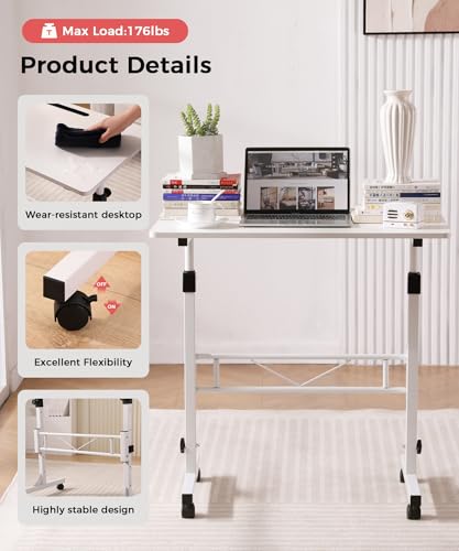 KLSMYHOKI White Adjustable Standing Desk with Wheels - Ergonomic Home Office Table