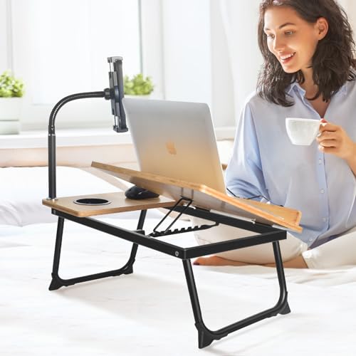 Laptop Desk in Bed, wishacc Adjustable Bamboo Lap Desk Table with Gooseneck Tablet Holder Mount for Laptop,Tablet,Phone,Book Reading