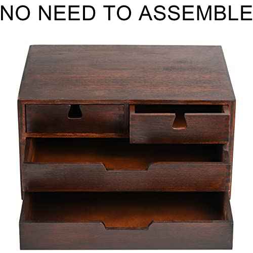 DEAYOU Bamboo Desk Organizer, 100% Natural Bamboo Desktop Drawer Organizer, Dark Brown Tabletop Storage Cabinet Organization Box with 4 Drawer for Makeup, Letter, Home, 3 Layer, Fully Assemble