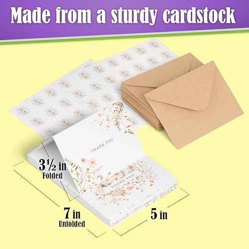 52-pack Floral Thank You Cards Bulk with Kraft Envelopes & Matching Stickers, 3.5x5 Inches, 6 Wildflower Designs | Perfect for Weddings, Baby & Bridal Showers, Graduations & Birthday