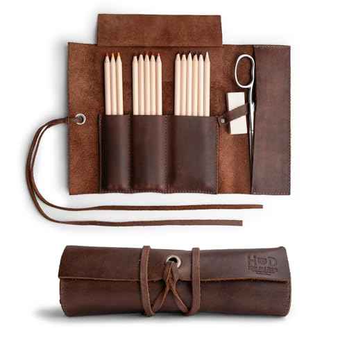 Hide & Drink, Rustic Leather Pencil Roll Pouch, Multi-Purpose Storage Wrap for Scissors, Earphones, Organizer for Craft, Work, Handmade (Bourbon Brown)
