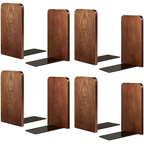 Eaasty 4 Pairs Wood Bookends, Heavy Duty Book Holders for Shelves, Walnut Bookends Sturdy Large Book Stoppers, Wood Desk Decor 5.2 x 3.2 x 4.2 Inches Office Books Stand Decorative Accessories