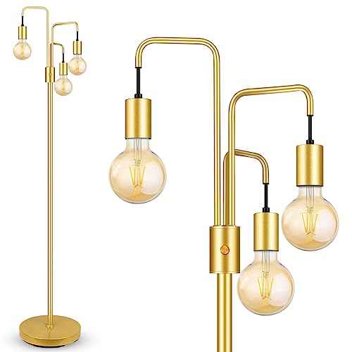 BoostArea Industrial Floor Lamp for Living Room,Gold Modern Standing Lamp Stand Up Lamp with 3 Light, Bulbs Not Included,Simple Design Floor Lamp for Bedroom, Living Room, Office, Kids Room, Reading