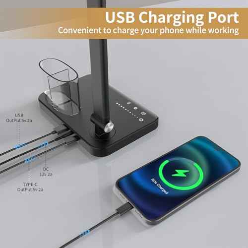 LED Desk Lamp with Dual Heads, Height Adjustable, USB Charging Port, 5 Light Modes & Dimmable Brightness, Bedside Lamp for Reading, Crafting, Work, Study (Black, 15W)