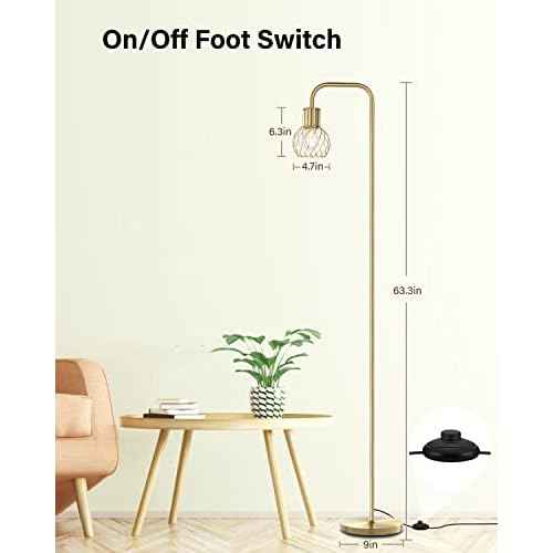 Brass Gold Standing Floor Lamp for Living Room - Modern Industrial Design with 6W LED Bulb, Foot Switch, Metal Tall Stand, Minimalist Farmhouse Boho Style for Bedroom & Office