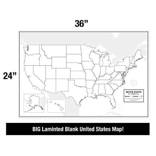 Large Blank United States Outline Map Poster, Laminated, 36¡± x 24¡± | Great Blank Wall Map for Classroom or Home Study | Free Dry Erase Marker Included | Includes Detailed Laminated Answer Sheet