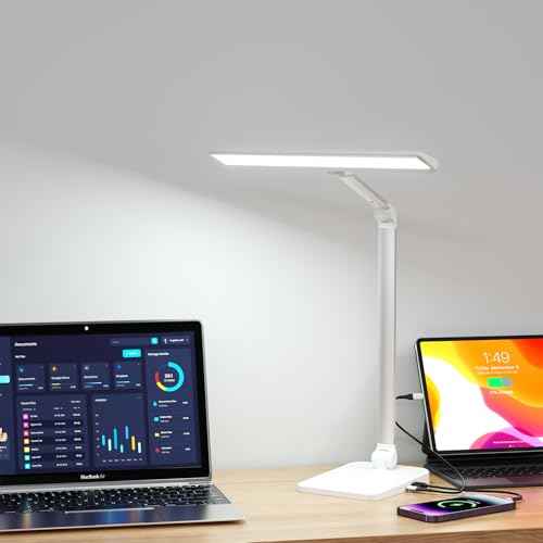 Desk Lamp with USB A+C Dual Charging Port, 23W 1000LM DC Adapter LED Dsek Light for Office Home, Eye-Caring Desk Light 3 Brightness Lamp for Computer, Video Conferencing, Workbench, Crafting, Reading