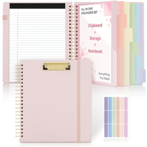 SKYDUE Pink Clipboard Folio with 6 Dividers, Refillable Notepad & Pouch Storage