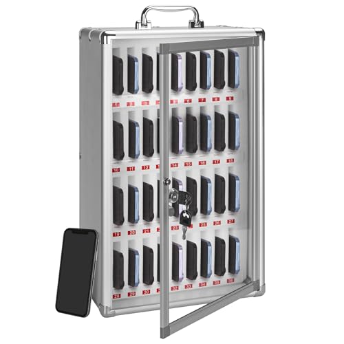 36-Slot Cell Phone Locker with Lock & Key, Heavy Duty Aluminum & Acrylic Cell Phone Storage for Classroom, Office, Retail ? Wall Mount Secure Cell Phone Holder, Lock Box, Phone Jail (Silver)