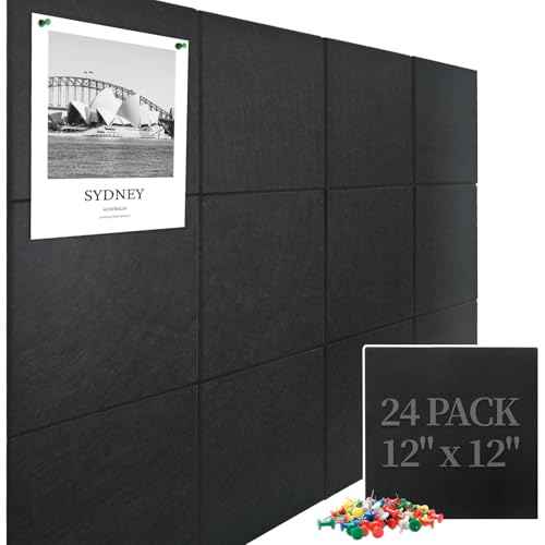 Large Cork Board Felt Wall Tiles 24 Pack, 70"x47" Felt Bulletin Board Pin Board with 48 Safe Removable Adhesive Tabs, 60 Push Pins, Alternative Cork Board for Walls Home Office, Black