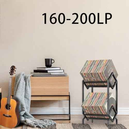 2-Tier Vinyl Record Storage Rack Display Stand Storage Shelf, 160-200 LP, Metal Matte Black VINYL Record Holder,Magazine Display,Book Organizer,2 Tier,Quick Assembly,