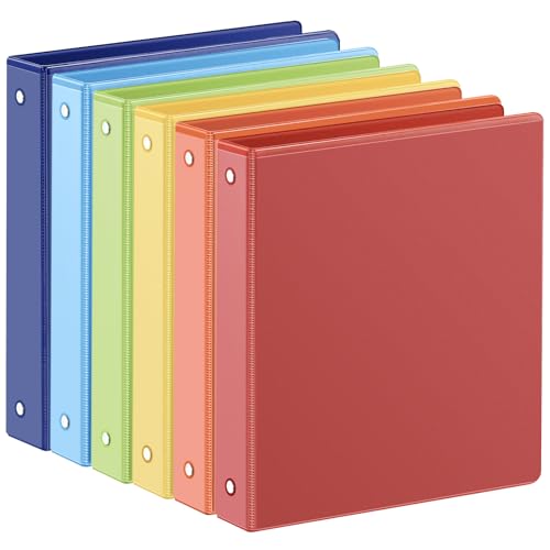 SUIN Assorted Rainbow 1-Inch 3-Ring Binders with 2 Interior Pockets, Pack of 6, Durable Office & School Organization