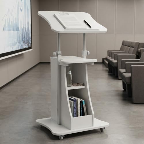 POWERSTONE Sit-to-Stand Mobile Lectern Podium with Storage, White, 27"-47.5"