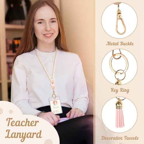 Teacher Gifts Lanyard with ID Holder Cute Wooden Beaded Lanyards for ID Card Badges Holder Boho Tassel Key Ring for Women