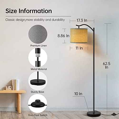 Floor Lamp for Living Room,LED Arched Stand Lamp,Tall Modern Standing Lamp with Linen Shade,E26 Socket, Footswitch, Mid Century Floor Lamps for Bedrooms,Office,Gray Double-Layer lampshade