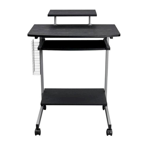 Furnifact Brown Mobile Desk with Adjustable Shelf, Keyboard Tray, Side Media Rack and Locking Casters, Compact Portable Work Station for Small Spaces