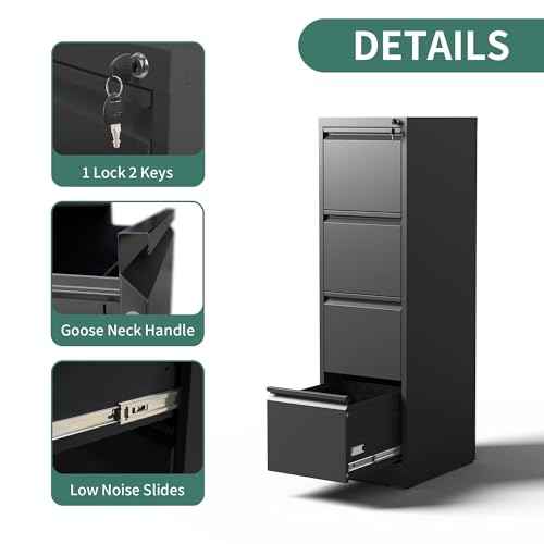 4 Drawer File Cabinet with Lock,Metal Vertical Filing Cabinets for Home Office,Heavy Duty File Storage Cabinet for Letter/Legal/A4/F4 Size File,Assembly Require (Black, Vertical 4 Drawer)