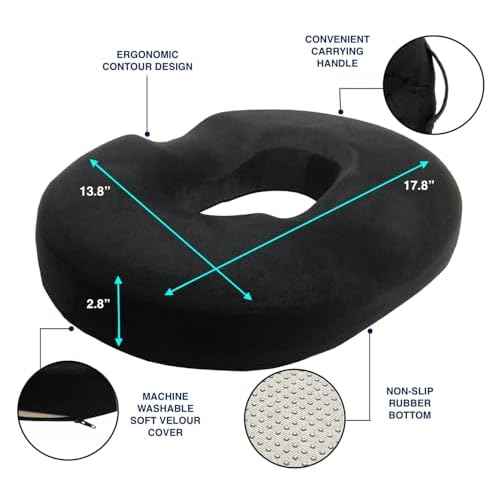 Kieba Hemorrhoid Treatment Donut Tailbone Cushion, Prostate Pillow, Pregnancy, Post Natal, Bed Sores, Coccyx, Sciatica, 18 Inches. Ultra Premium Comfort Foam (Black)