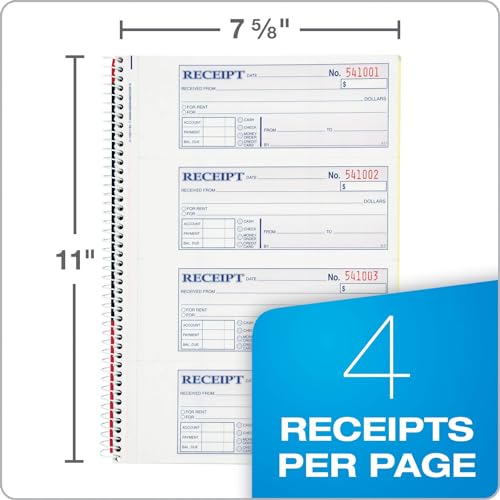 Adams Money & Rent Receipt Book, 2-Part Carbonless, 7-5/8 x 11, Spiral Bound, 200 Sets, White/Canary – 4 Receipts per Page, SC1182