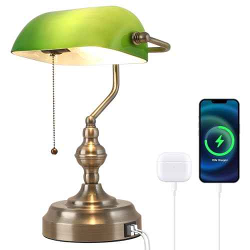 Green Glass Banker's Desk Lamp, Antique Banker Desk Lamps, Traditional Library Lamp with USB Charging Port, Vintage Desk Lamp Green Shade for Office Study Room, Pull Chain Switch