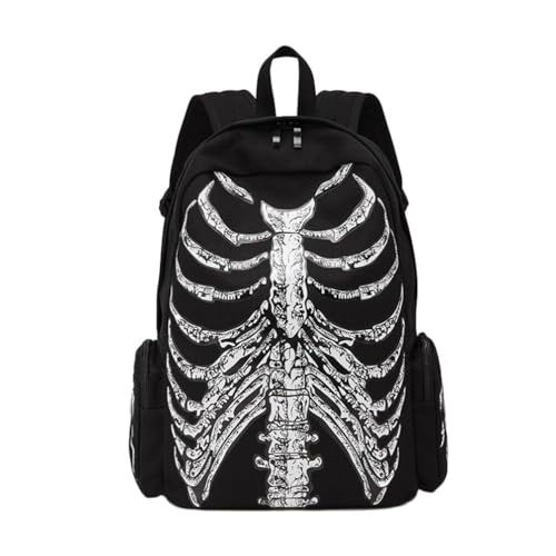 Punk Skull Black Vintage Backpack Gothic Ribcage Skeleton Laptop Bag EMO Backpack for Men and Women