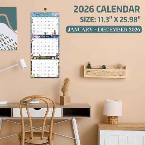2026 Calendar - 2026 Wall Calendar, Jan. 2026 - Dec. 2026, 11.3" x 25.98", 3 Month Calendar 2026 Display (Folded in a Month), 3 Month Wall Calendar 2026 with Thick Paper, 12 Different Patterns