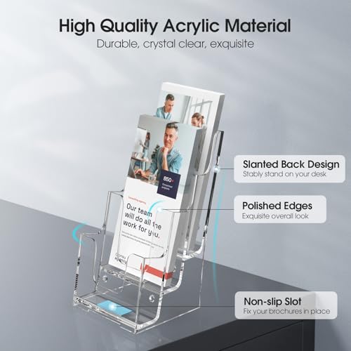 MaxGear Acrylic Brochure Holder, 4 Inch Wide 3 Tier Literature Display Stand, Clear Premium Acrylic Pamphlet Holder, Multi Pocket Wall Mount or Countertop Organizer, Office or Home Use, 2 Pack