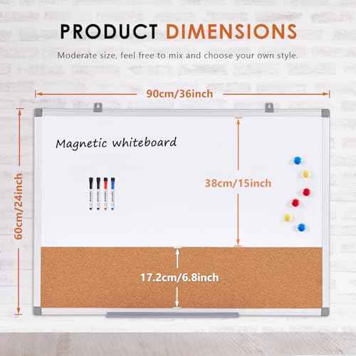 S SWANCROWN Magnetic Dry Erase and Cork Board Combo Hanging Whiteboard Notice Board for Wall Gift Home School Office, 36 x 24 Inches, with Maker/Pins/PenTray/Hooks