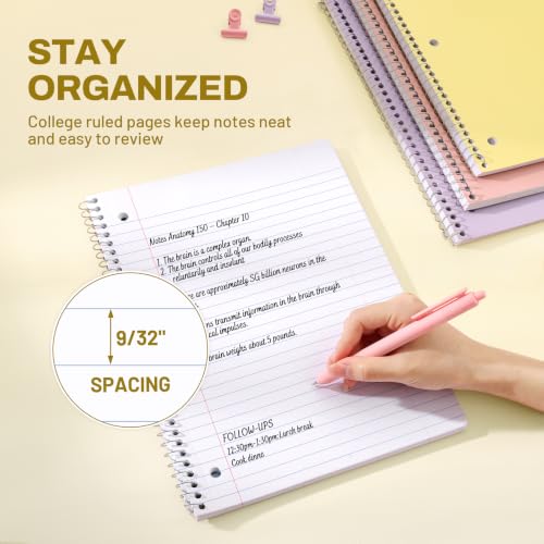 SUNEE 6-Pack Spiral Notebooks 1-Subject College Ruled Pastel Colors, 8 x 10.5 inches