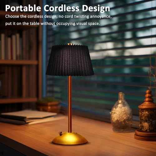 Cordless Metal Desk Lamp,Touch Sensor Control LED Table Lamp,3 Way Dimmable Nightstand Lamp with Fabric Shade Desk Lamp for Living Room, Dorm, Home Office (Black)