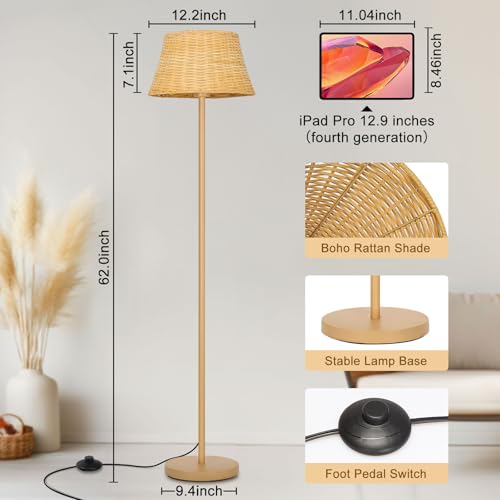 Upgraded:Boho Floor Lamps for Living Room, Rattan Floor Lamp with Woven Wicker Lampshade, 62 inches Mid Century Modern Standing Light, Farmhouse Rustic Coastal Lamp for Bedroom Office,Easy Foot Switch