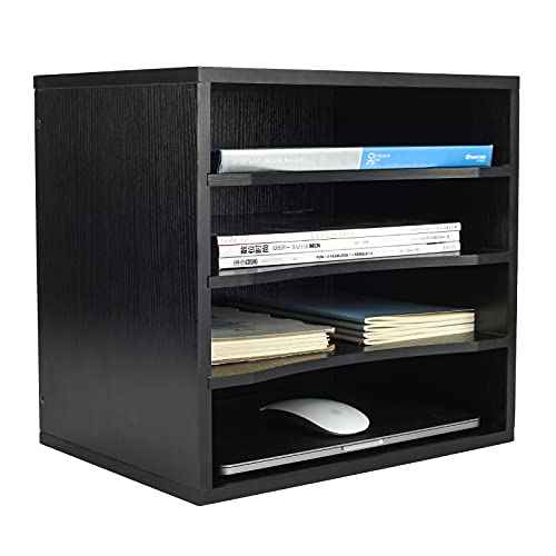PAG Mail Sorter Organizer, Wood Countertop Literature Organizer, Office Supplies Desktop File Bill Paper Organizer for Office Home School, 4 Compartments, Black