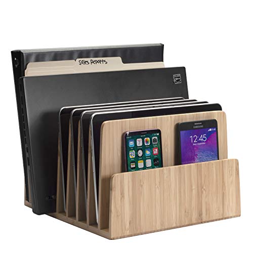 MobileVision Bamboo Device Organizer for Smartphones, Tablets and Laptops, 7 Slots With Extra Wide Slots for Laptops