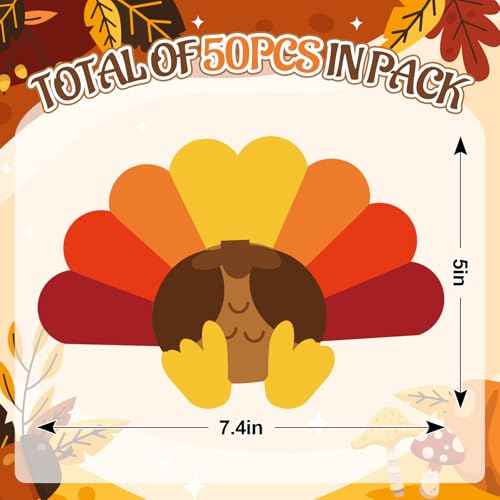 50Pcs Thanksgiving Turkey Cutouts Turkey Paper Cut-Outs with 100Pcs Glue Points Fall Bulletin Board Decor for Autumn Harvest DIY Craft Art School Home Party Favor
