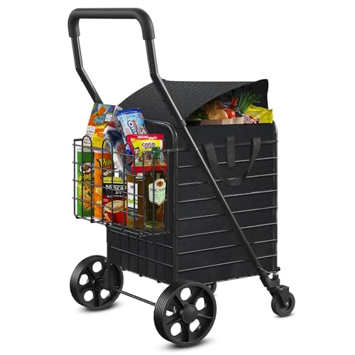 Siffler Collapsible Shopping Cart with Double Basket & Waterproof Liner - Grocery, Laundry & Travel Foldable Cart, 360¡Æ Swiveling Wheels, Medium Size with Carry Bag