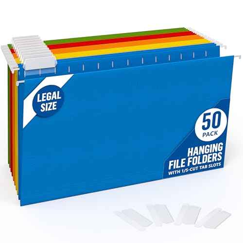 50 Pack Hanging File Folders Legal Size - Colored Hanging Folders for Filing Cabinet with 1/5-Cut Adjustable Tabs Files for Filing Cabinet Organizer File Hangers for Files Cabinets with Hooks