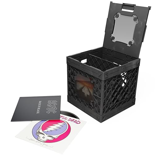 CrateVinyl - Vinyl Record Storage Crate Modular Storage Cube for LP Albums with Divider and 2 Clear Panels (Black crate - Smoke panels)