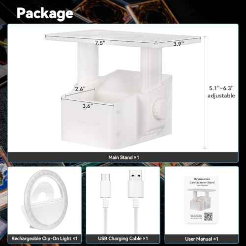 Trading Card Scanner Stand with Light, Card Scanner Holder with Adjustable Height for TCG Cards, Built-in Magnetic Ring Compatible with MagSafe Phones, Rechargeable Light & Stable Magnetic Card Slot
