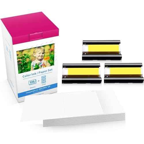 Compatible Canon Selphy CP1500 Ink and Paper For Selphy CP1300 CP1200 CP1000 CP910, KP-108IN KP108 3 Color Ink Cartridges and 108 Photo Paper Sheets (4'' x 6'' Glossy) for CP Photo Printers