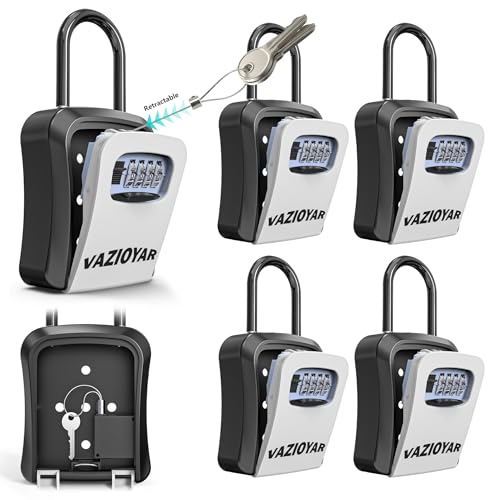 Key Lock Box for Outside, Portable Waterproof Wall Mounted Resettable 4-Digit Combination Key Storage Lockbox, 5 Keys Capacity Key (with Shackles+with Retractable Key Tether+ 5Pack)