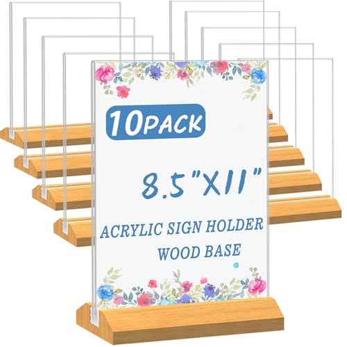 Acrylic Sign Holder 8.5 x 11 Inch 10 Pack, Wood Base Paper Stand for Menu Flyer Display, Table Top Clear Plastic Picture Frame for Stores, Restaurants, Hotels, Office, Farmers Market Show Fair Decor.