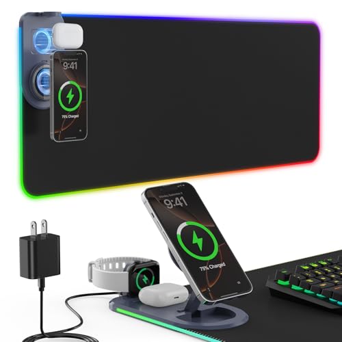 15W Wireless Charging Mouse Pad with Phone Holder&20W Power Adapter, RGB Gaming Mouse Pad, 15 Lights Mode 31.5"x15.75" XXL Large Desk Pad,Ultra-Smooth Surface,Non-Slip Rubber Base