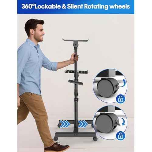 Projector and Laptop Stand Tripod, 2 Shelves Mobile Laptop Tripod Stand, Max 47" Height Adjustable Laptop Cart on Wheels, Projector Floor Stand with Ventilated Tray for Podium, Meeting, Couch