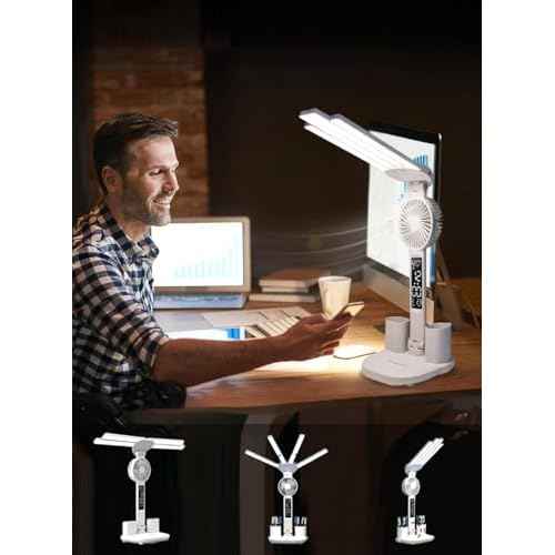 Led Desk Lamp with Fan Study Light with Clock, Adjustable Foldable Table Lamp with Pen Holder, 3 Brightness Levels, USB Charging Port