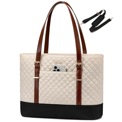 LOVEVOOK Laptop Bag for Women, Work Tote Computer Bag With Large Cup Holder, Lightweight Large Laptop Briefcase, Beige-Brown-Black, 17.3 Inch