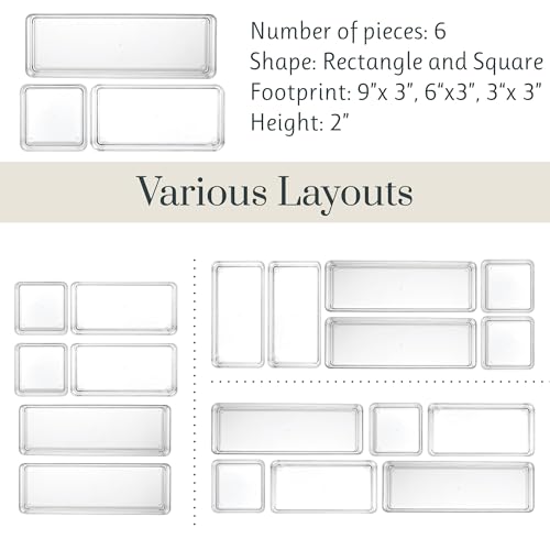 STORi Multi-Size Drawer Organizer Bins - 6 Pack, Clear Storage for Bathroom, Makeup & Desk