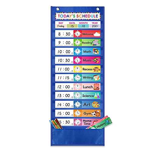 Daily Schedule Pocket Chart. Kids Chart with 15 Dry-Eraser Cards. 13+1 Pockets. for Classroom & Home (Blue)